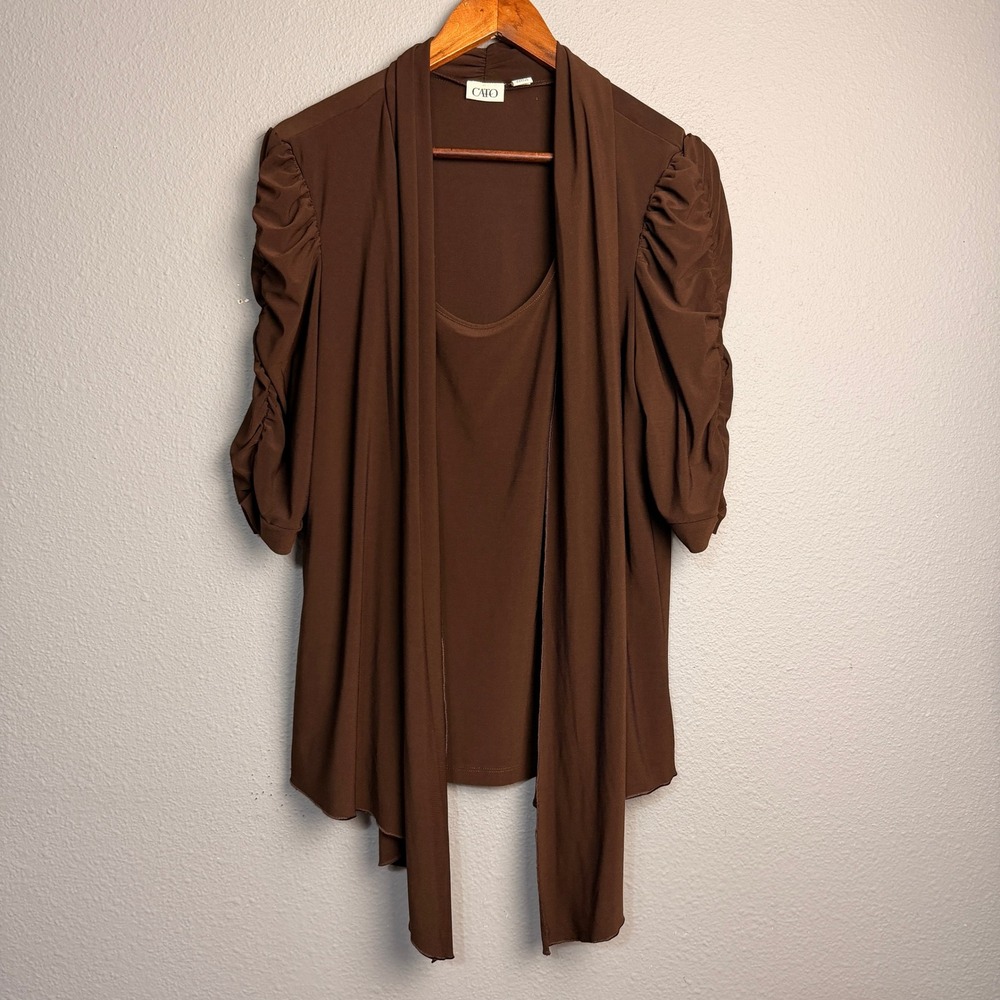 Cato Womens Chocolate Brown Ruched Sleeve Draped Cardigan Career‎ Blouse XL